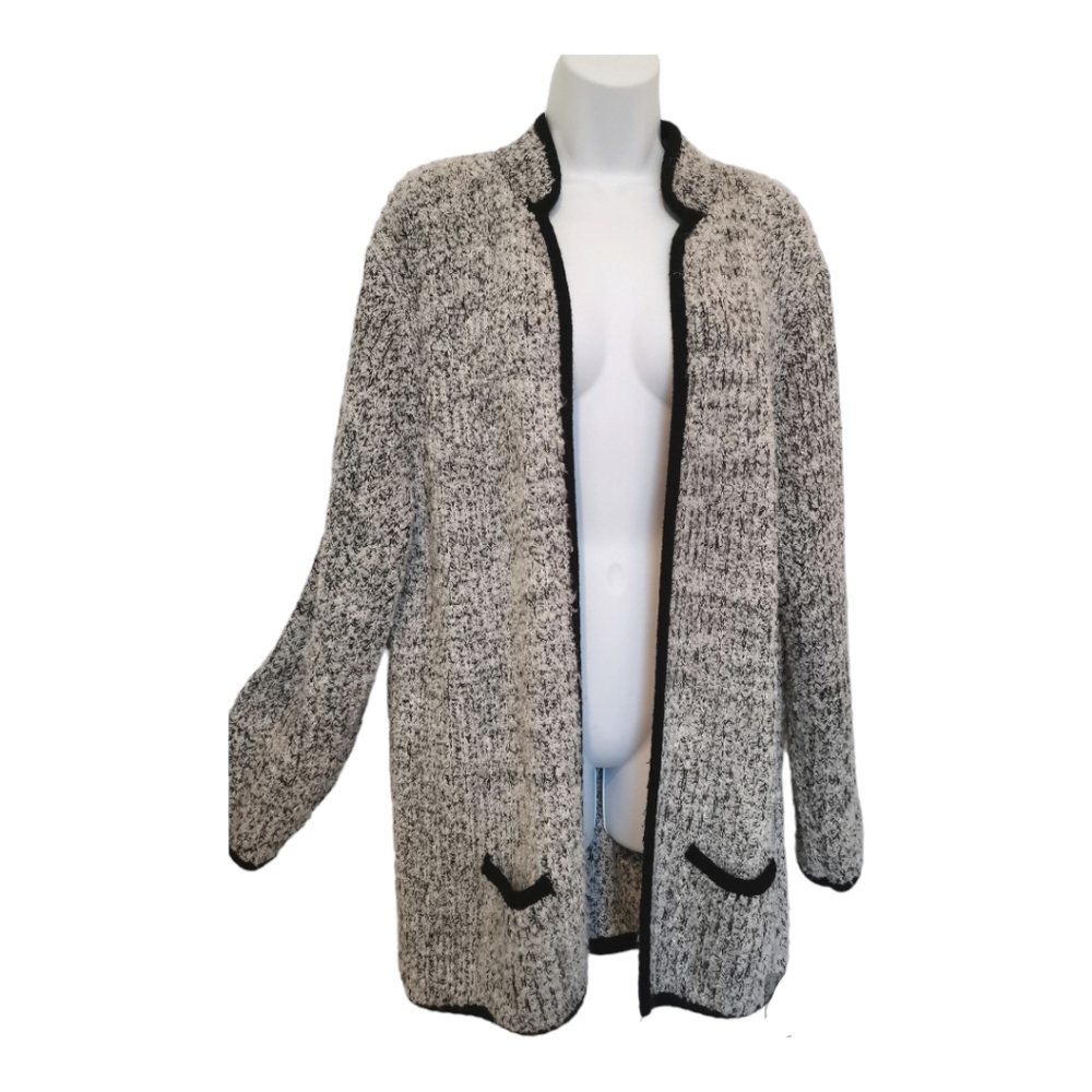 VINTAGE 80s  cardigan sweater size L oversized grey black piping